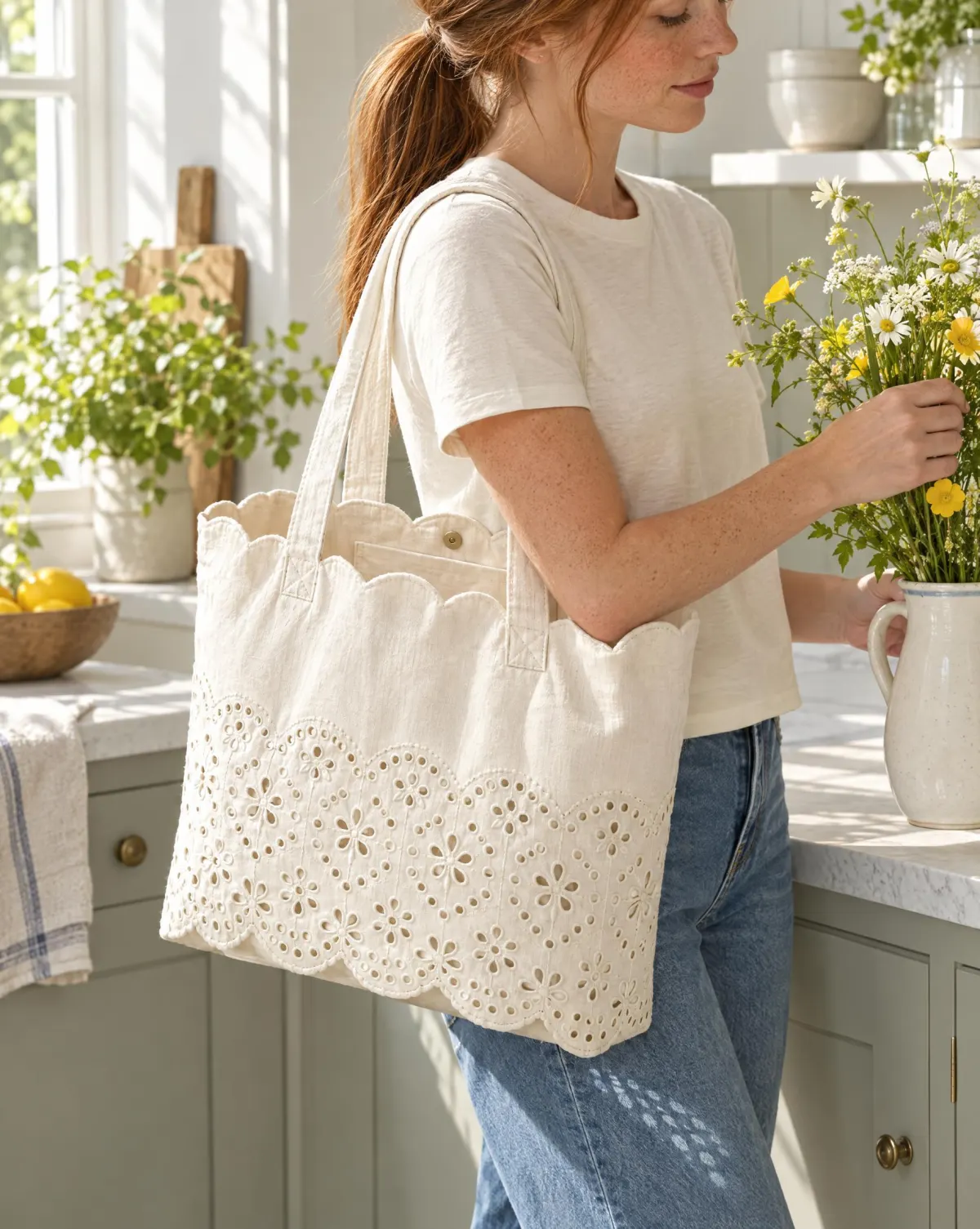 Scallop-Top Tote in white, shown in use