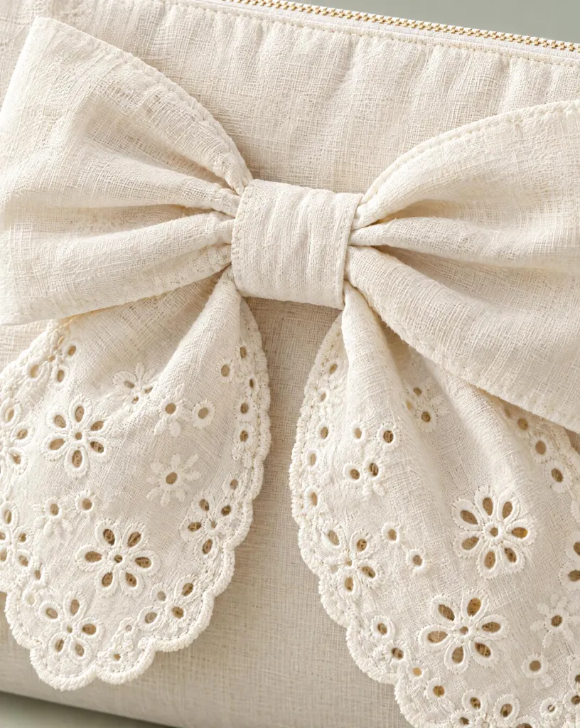 Close-up of the soft bow clutch embroidery and finishing