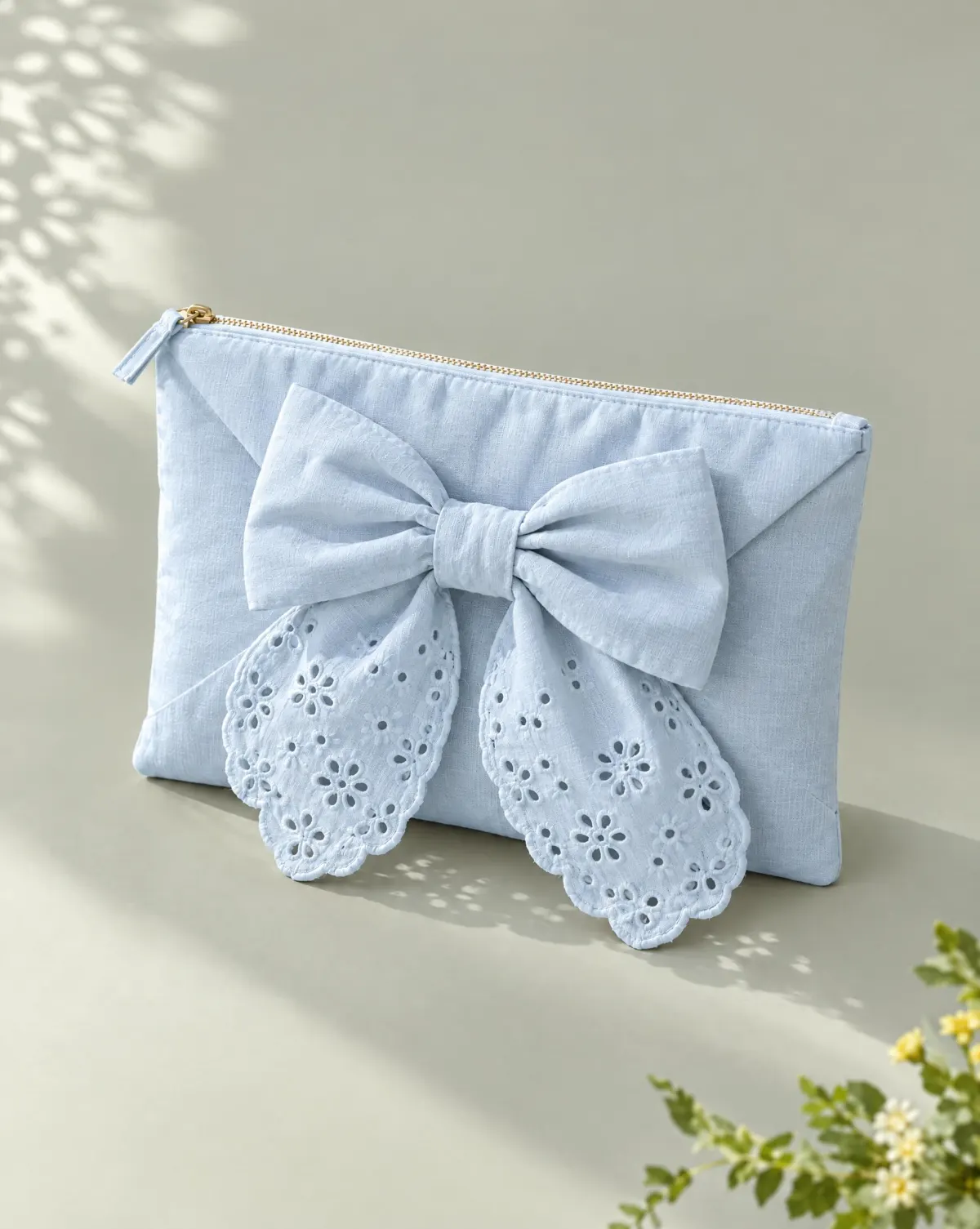 Soft Bow Clutch in sky blue, front view