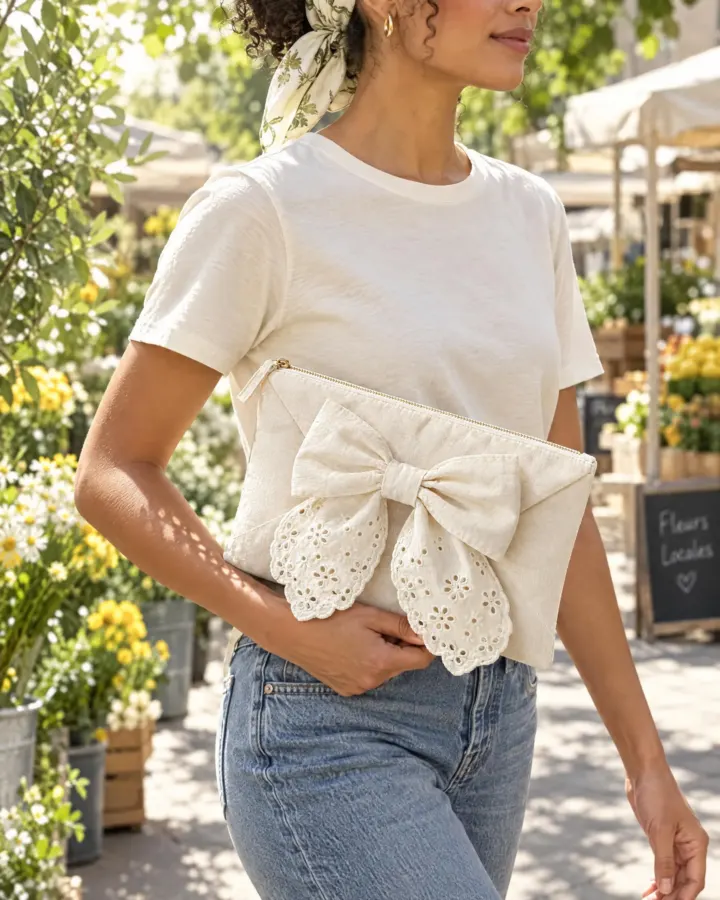 Soft Bow Clutch in white, shown in use