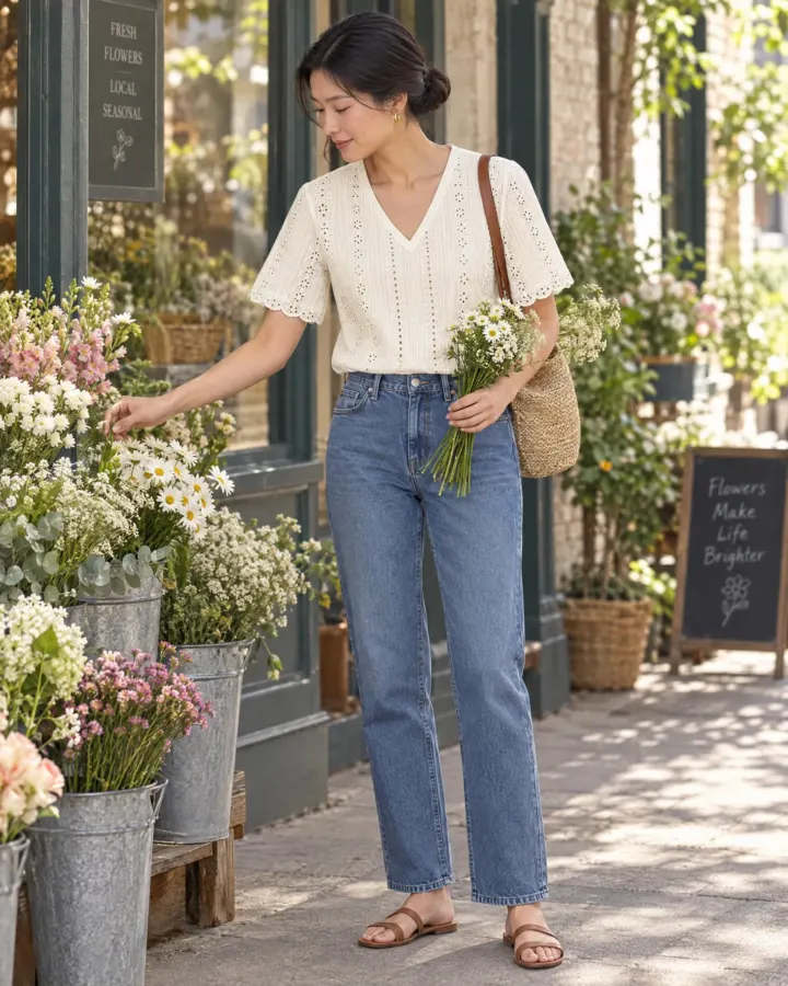 Sunroom Pintuck Top in white, worn with jeans