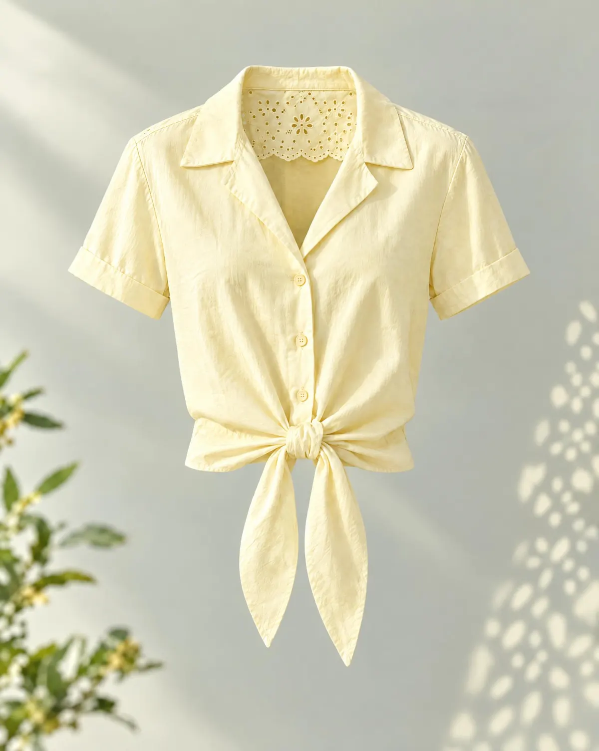Tie-Front Short Overshirt in butter yellow, front view