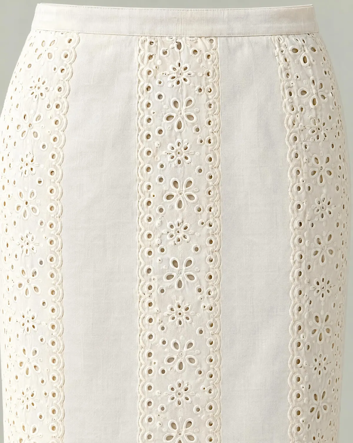 Close-up of the windowpane panel skirt embroidery and finishing