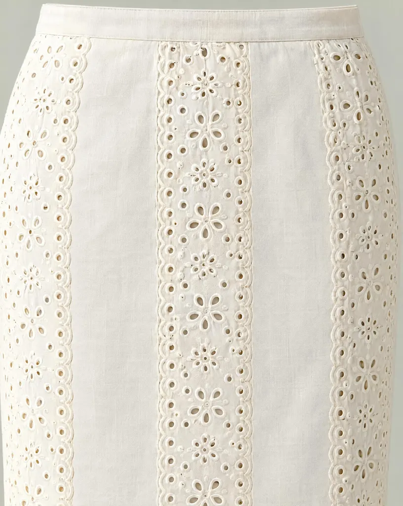 Close-up of the windowpane panel skirt embroidery and finishing